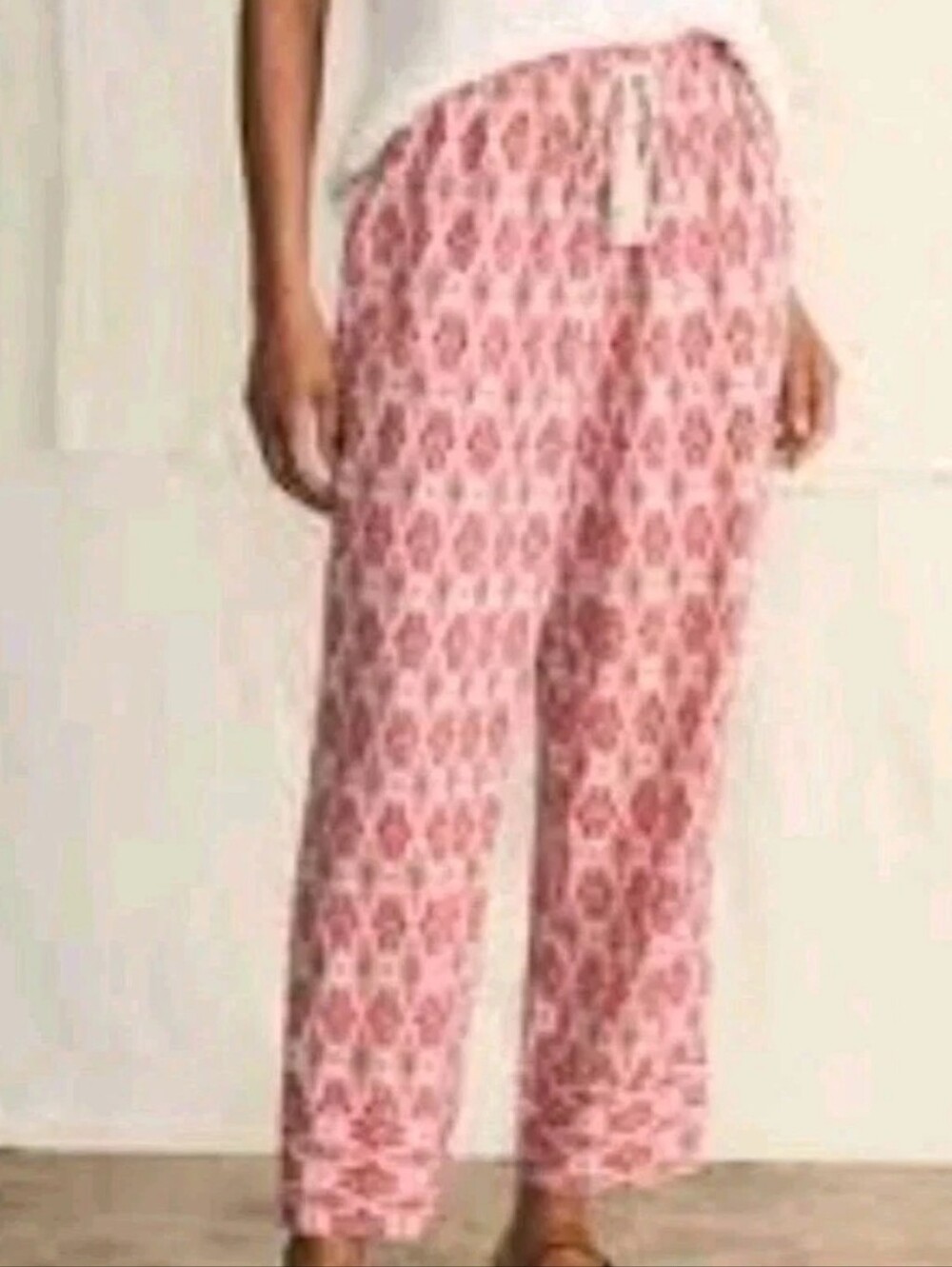 Faherty Woman Med Linen Pants Tasseled Drawstring Pink Southwest Tribal Pull-on